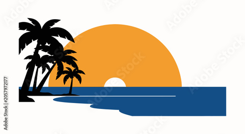 Tropical sunset with palm trees silhouette and ocean waves