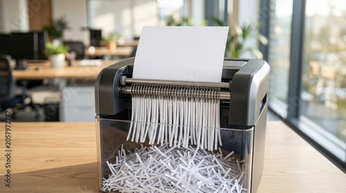 An office shredder in action, disposing of documents with a high-tech design and bright sunlight illuminating the workspace.