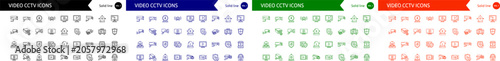 Collection of video cctv icons in black blue green and orange for security and surveillance