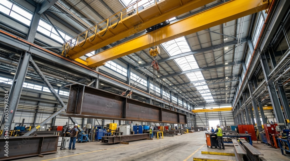 Fototapeta premium A busy industrial workshop showcases workers operating a crane to lift steel beams with precision.