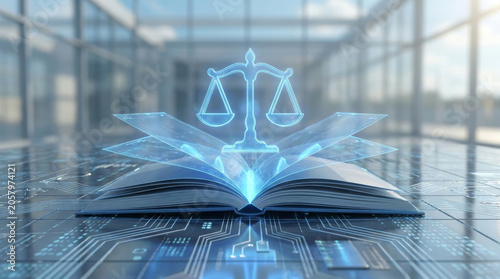 An open digital law book with a glowing scale of justice symbol, reflecting modern legal concepts and technology.