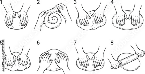 Fotografie Step‑by‑step dough kneading illustration with hands, pressing, folding, rolling