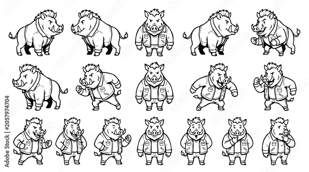 Obraz premium Wild Boar Mascot Character Pose Set Line Art Vector Illustration