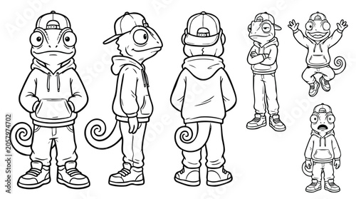 Chameleon Character Design Sheet wearing Streetwear Line Art
