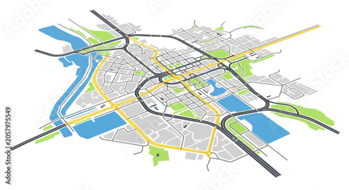 Tableau sur toile Isometric City Map with Roads, Rivers, and Green Spaces - Aerial View