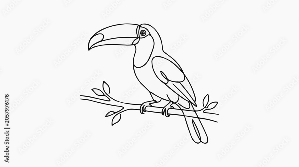 Fototapeta premium Minimalist Toucan Perch: A stylized toucan, rendered in a single continuous line, rests on a delicate branch adorned with small leaves.