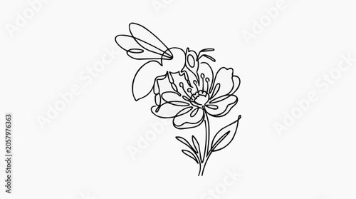 Continuous Line Drawing of a Bee on a Flower: A minimalist line art illustration depicts a bee visiting a delicate flower, capturing the essence of nature's simple beauty.