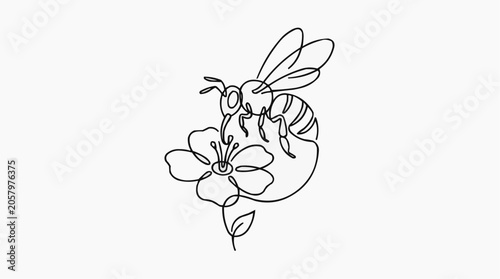Single line art of a bee collecting nectar from a flower