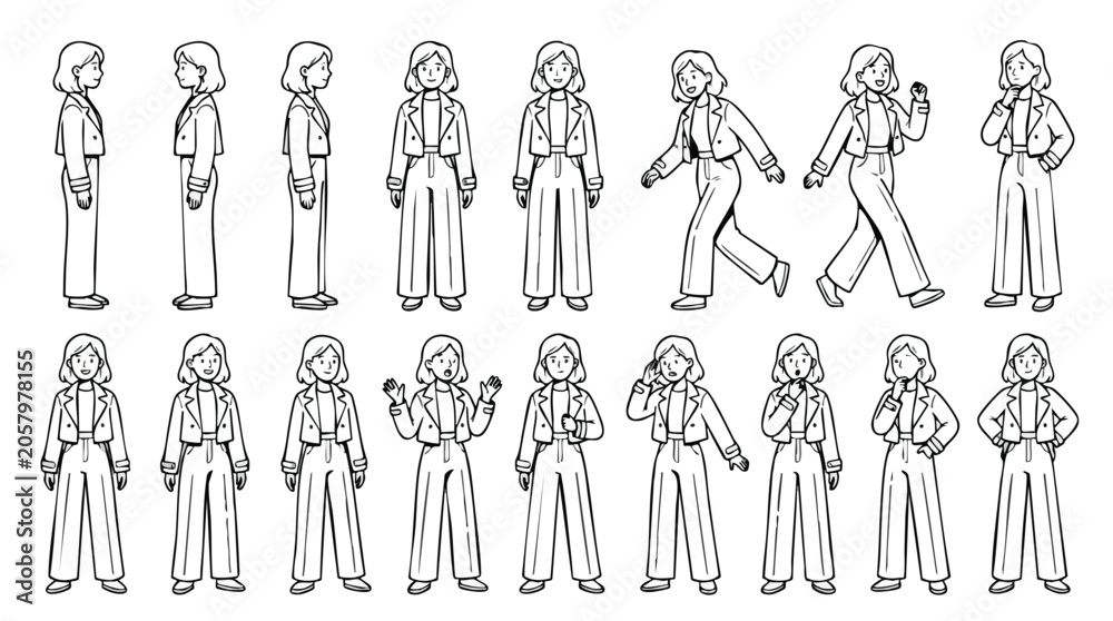 Obraz premium Woman Character Poses and Expressions Line Art Vector Set