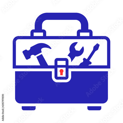 Flat illustration of blue toolbox icon with hammer, wrench, and screwdriver