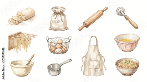 Watercolor illustration of baking and cooking ingredients and tools, including dough, flour, eggs, and apron.