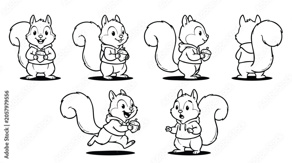 Obraz premium Cute Squirrel Wearing Hoodie Coloring Book Character Design Sheet