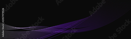 3D Abstract Purple and Gray Gradient Wave Lines on Dark Black Futuristic Background.