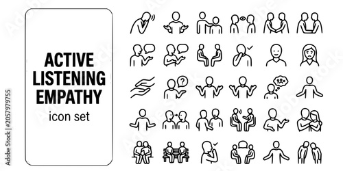 Active Listening Empathy Interaction Bold Line Icons-Attentive Forward Comforting Eye Contact Mirroring Reflecting Paraphrasing Silent Validating Supportive-25 Empathy Icon Set Vector
