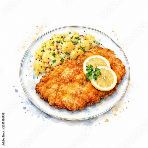 Watercolor schnitzel with potato salad, lemon slices, and parsley on a plate, ideal for German and Austrian restaurant menu designs.