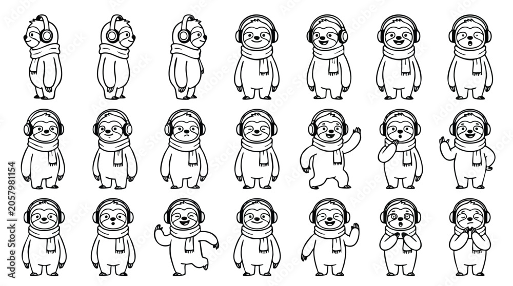 Obraz premium Cute Cartoon Sloths Wearing Headphones and Scarves Line Art Set