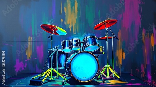 Neon drum kit illustration with colorful paint splashes on a dark stage background, perfect for music, concert, and rock design projects.