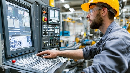 CNC machine operator monitoring precision manufacturing process in modern European factory, industrial automation