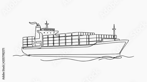 Cargo Ship Illustration: A detailed line drawing of a container cargo ship at sea, laden with numerous shipping containers, showcasing the vast scale of global logistics and maritime transport.