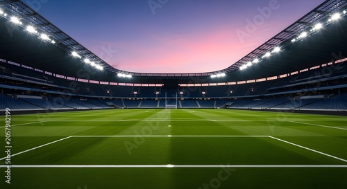 Empty rugby stadium at dusk with green field and blue seats