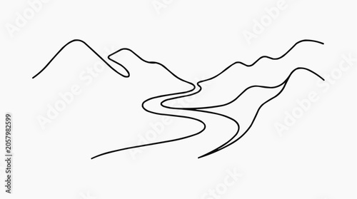 Abstract Mountain Stream: A minimalist, single-line drawing depicts a winding stream flowing through stylized mountain ranges, evoking a sense of serene simplicity and natural flow.