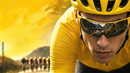 Cyclist wearing a yellow jersey and helmet competing in a professional road race. Intense look of a mountain bike athlete with race reflected in sunglasses. Championship sport concept.