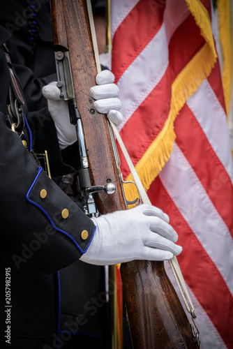 Slika na platnu A member of a ceremonial color guard stands at attention holding a historic-styl