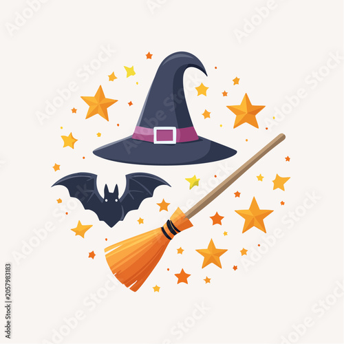 Halloween Witch Hat, Broom, and Bat with Stars