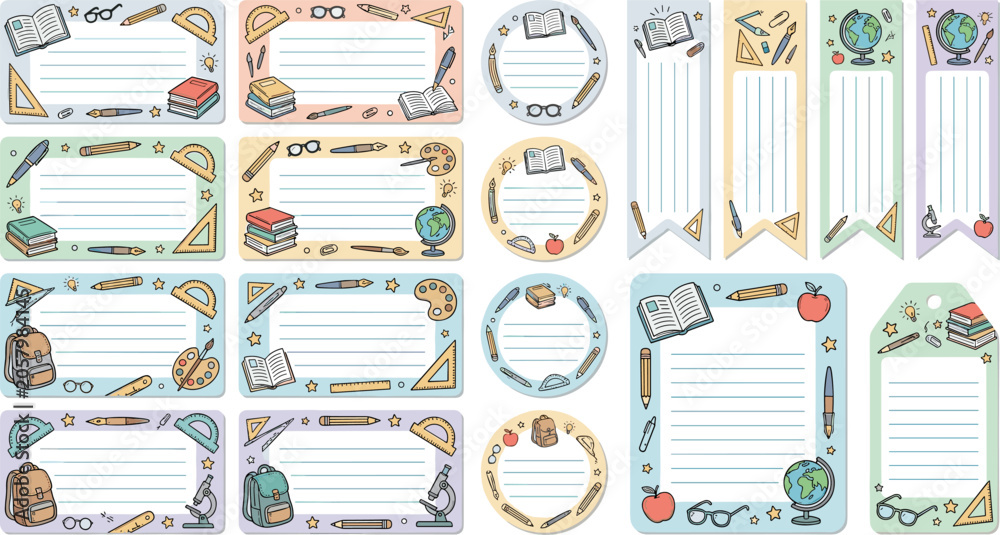Fototapeta premium School supply frames and bookmarks with blank lined labels