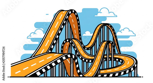 Photos Roller coaster ride with twists and turns and blue sky.
