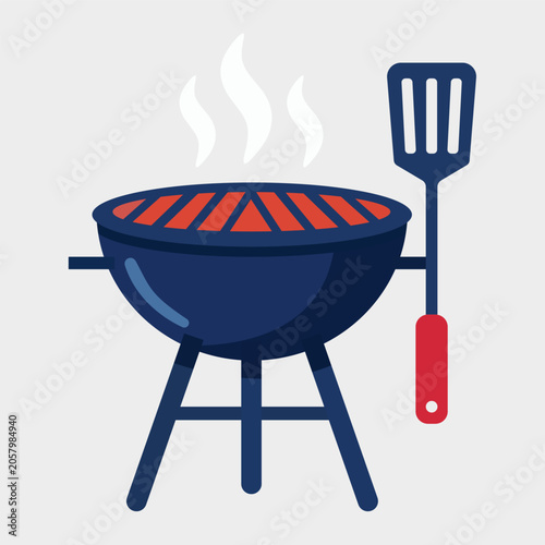 Grill With Spatula Held Next to It on a Plain Background