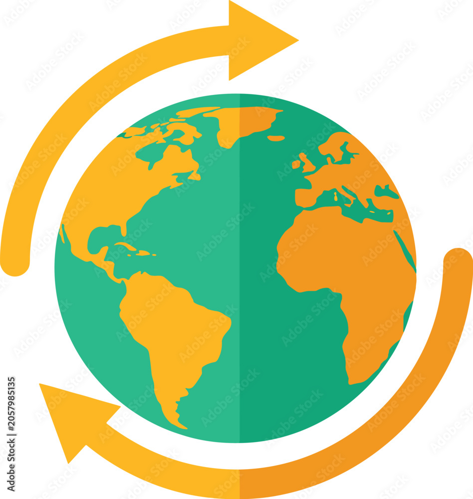 Naklejka premium Flat Vector Icon Of Globe Planet With Rotating Arrows Symbolizing Sustainability And Global Recycling