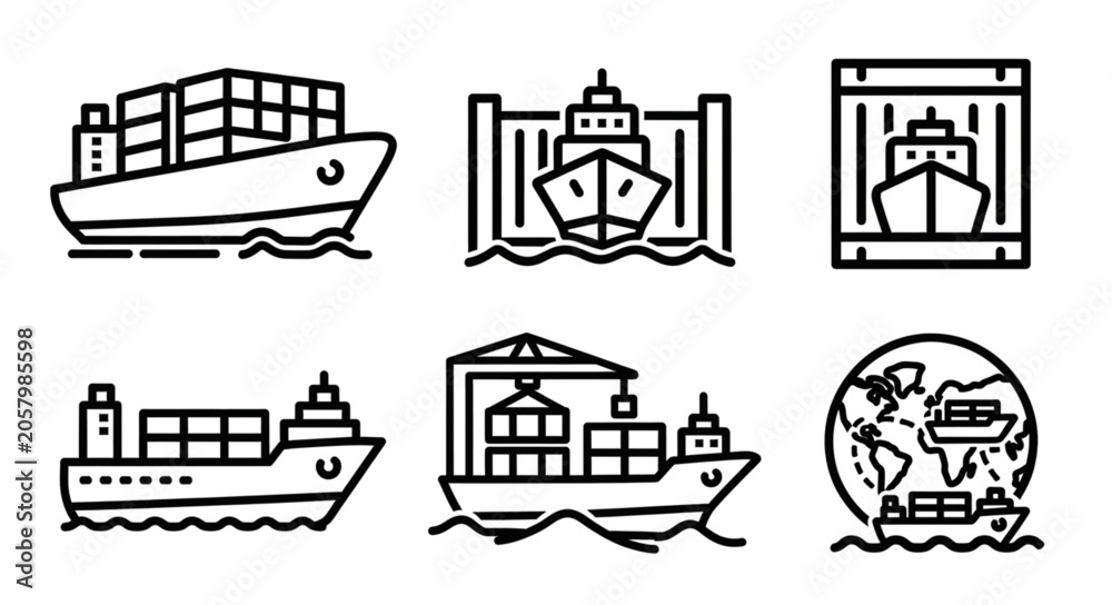 Naklejka premium Set of six container ship icons in a line art style.