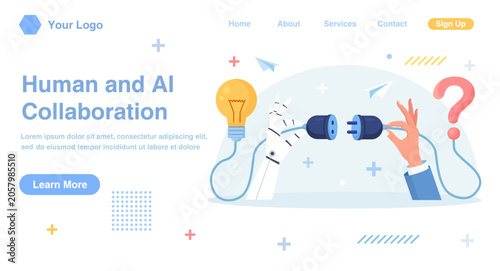 Human and Robot Hands Connecting Huge Plug and Outlet. People Using Artificial Intelligence to Generate Ideas to Help Solve Problems. AI Providing Solutions, Answers. Creative Brainstorming