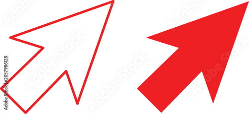 A pair of red computer mouse cursor arrow one in outline style and one in solid fill style, isolated on a white background, for web