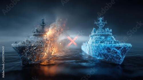 Two naval ships, one engulfed in flames and the other encased in ice, stand in stark contrast on the dark ocean. ..Created with Generative AI, not depicting real subjects.