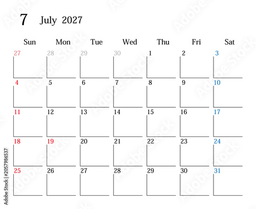 2027年7月、日本のカレンダー