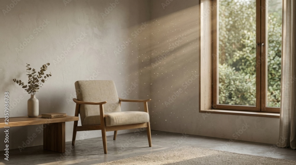 Fototapeta premium Sunlight streaming through window illuminating cozy minimalist living room with dust particles
