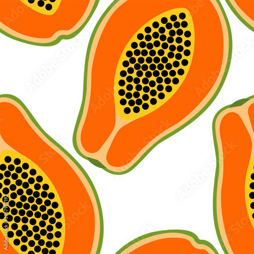 Papaya Slices and Seeds Arranged on White Background in a Simple Design