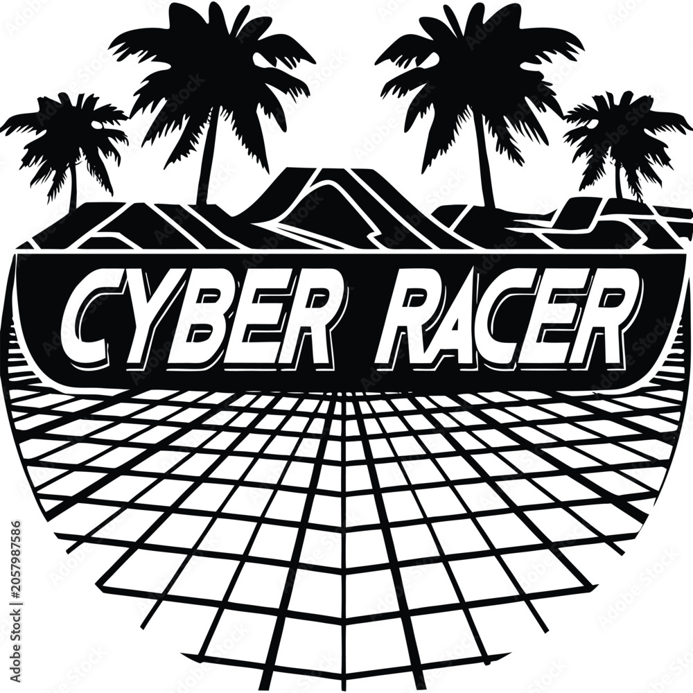 Obraz premium Cyber racer retro synthwave racing concept racing neon grid pattern palm trees black and white