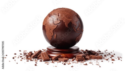 A detailed chocolate globe sculpture resting on a wooden stand surrounded by scattered broken pieces of dark chocolate