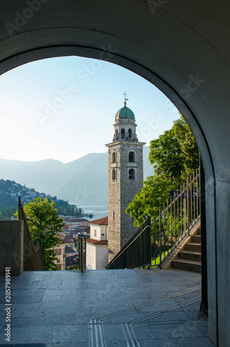 San Lorenzo Cathedral framed by pedestrian underpass tunnel in Lugano