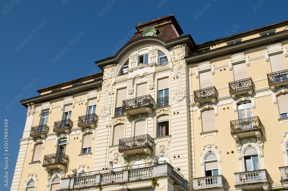 Fototapeta premium Hotel Victoria au Lac historic facade in Lugano Paradiso Switzerland