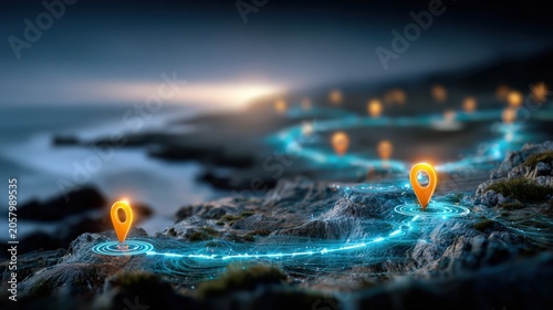 A glowing trail of digital location markers winds through a rugged coastal landscape. ..Created with Generative AI, not depicting real subjects.
