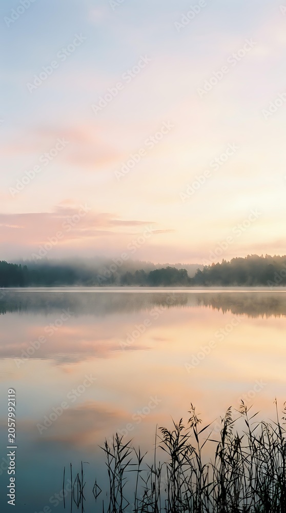 Obraz premium Serene lake at sunrise with misty forest reflection, calm water surface, and reeds in foreground. Peaceful nature landscape for meditation and wellness projects.