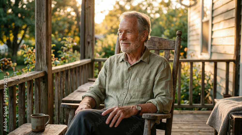 Fototapeta premium Senior man relaxing in a rocking chair on a rustic porch at sunset, peaceful retirement lifestyle during golden hour.