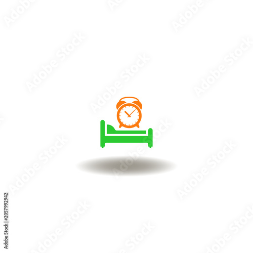 Vector illustration of bed with alarm clock. Symbol of  time to sleep. Icon of good night sleeping.