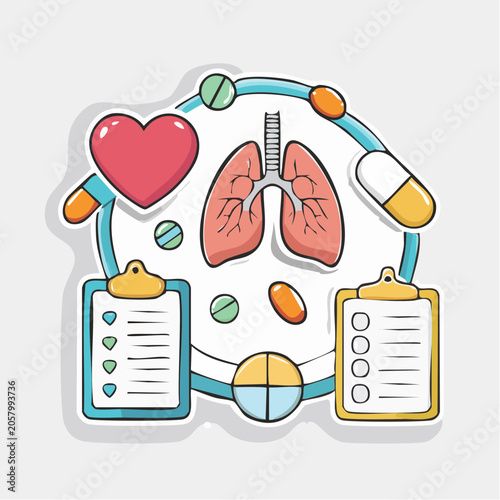 Medical Icons: Lungs, Heart, Pills, and Checklists