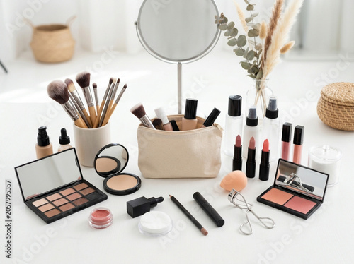 Professional Makeup Kit and Cosmetics on White Table