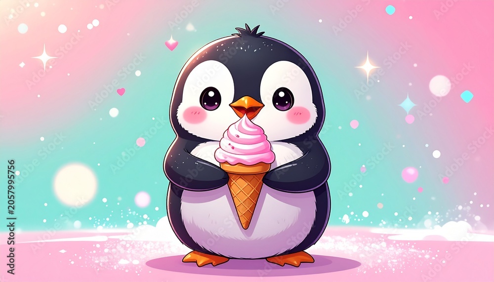 Naklejka premium ピンクのソフトクリームを持つペンギンの素材